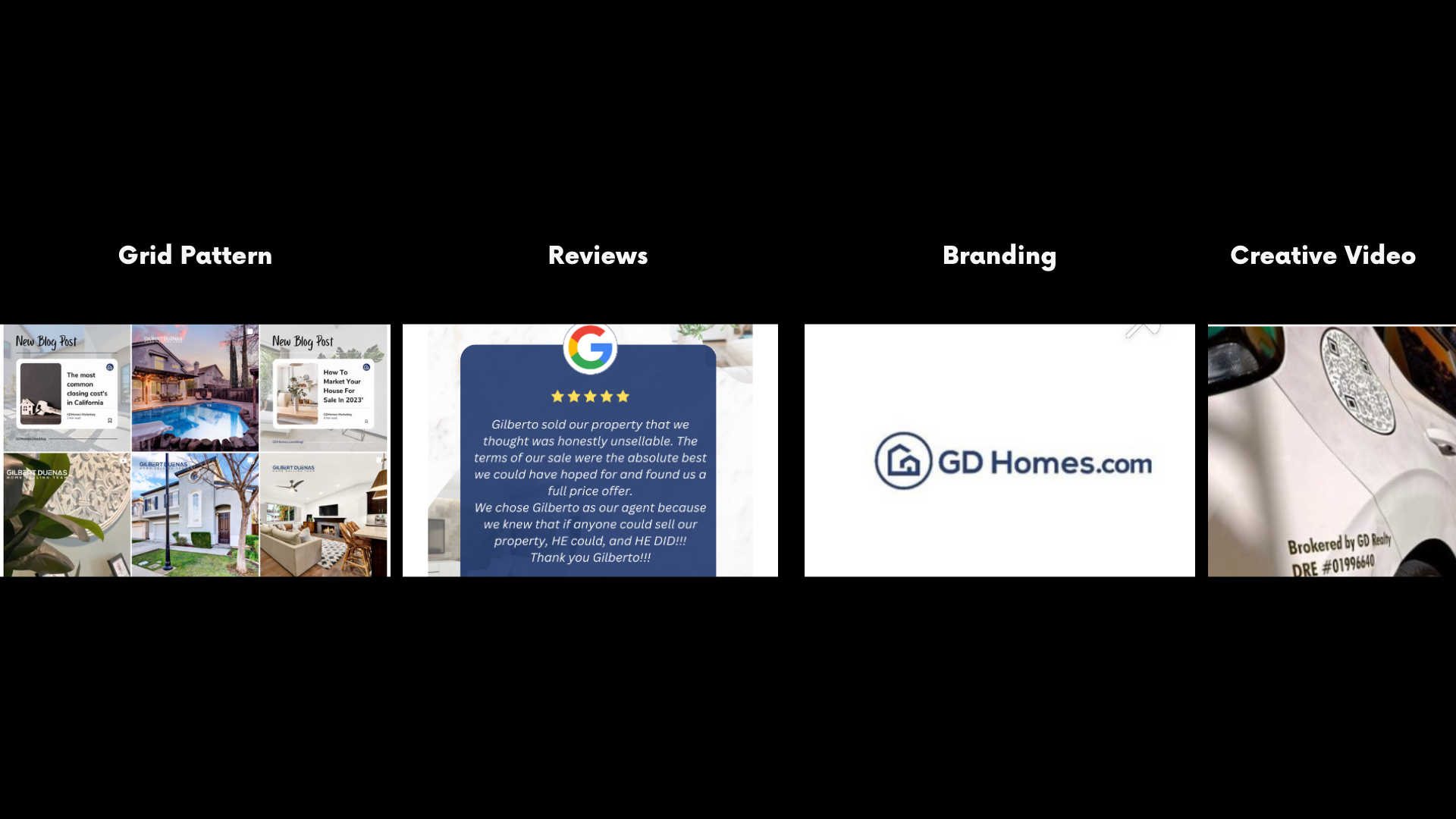 Content pillars: Grid pattern, reviews, branding, and creative video
